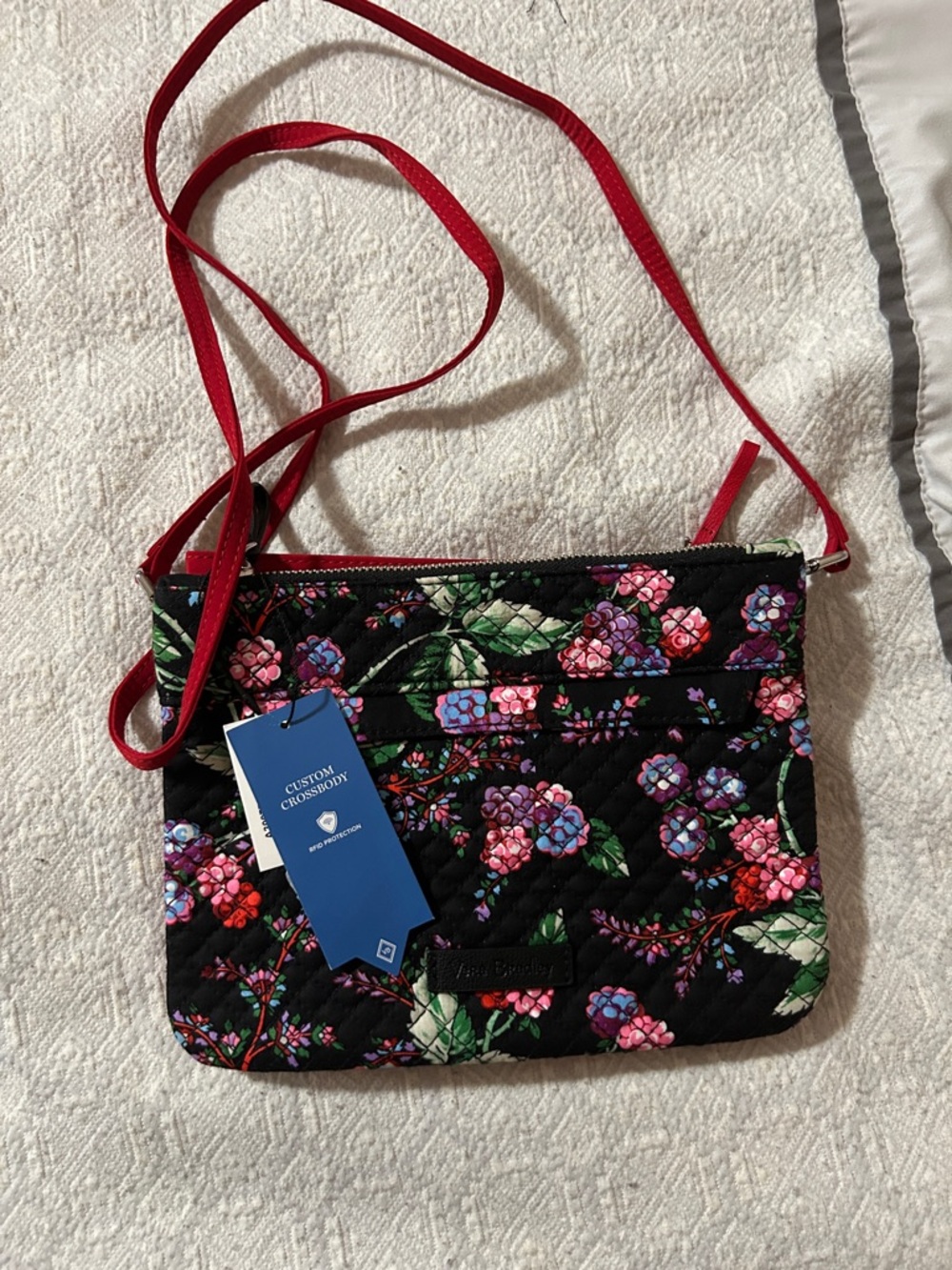 Vera Bradley Black Quilted Floral Crossbody with Red Strap